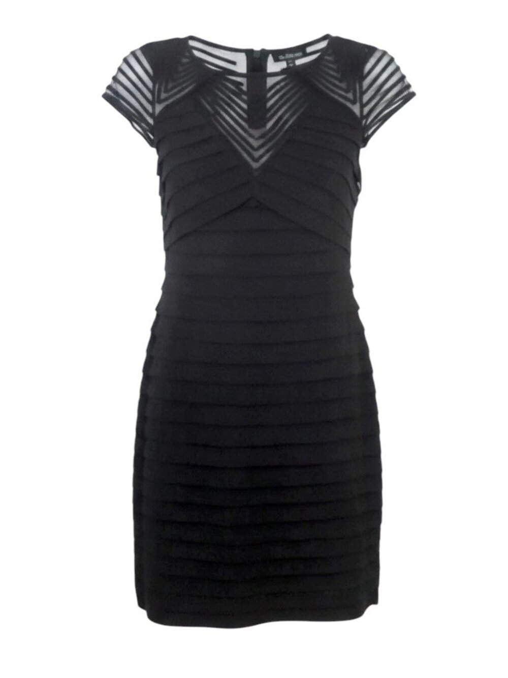 Adrianna Papell Black Corded Yoke Pleat Cap Sleeve Detail Sheath Dress
